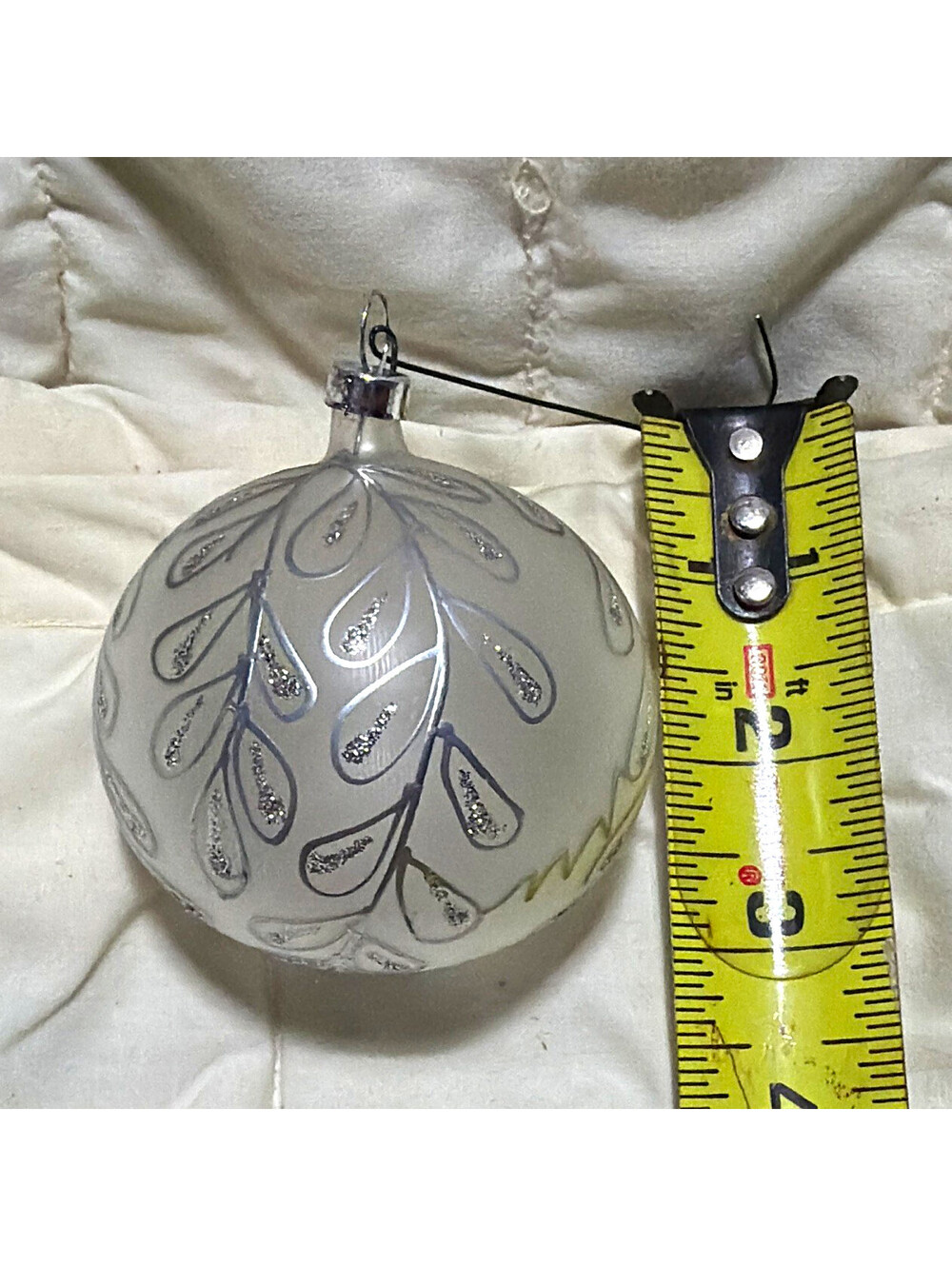 Silver/White Christmas Glass Bauble Ornament, Hanging, Glitter Floral, 3 in, 1